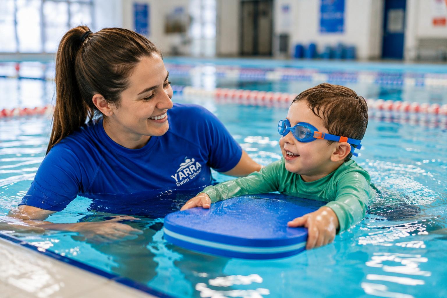 Preschool child learning to swim with a Yarra Swim School teacher
