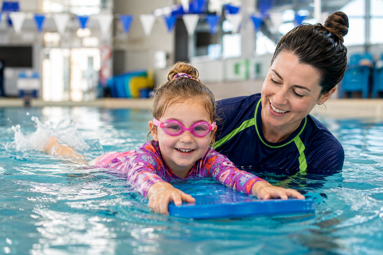 Preschool child confidently swimming with a Yarra Swim School teacher