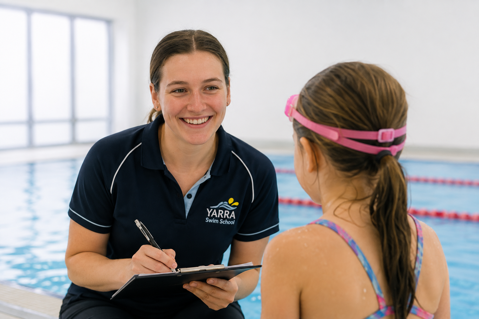 Swim teacher welcoming a child during an assessment