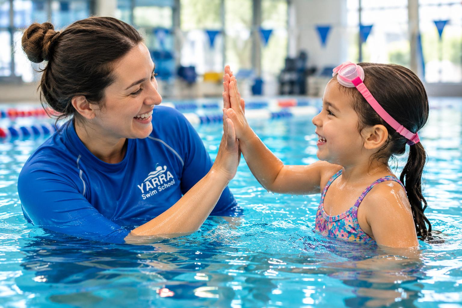 Swim teacher encouraging a young swimmer